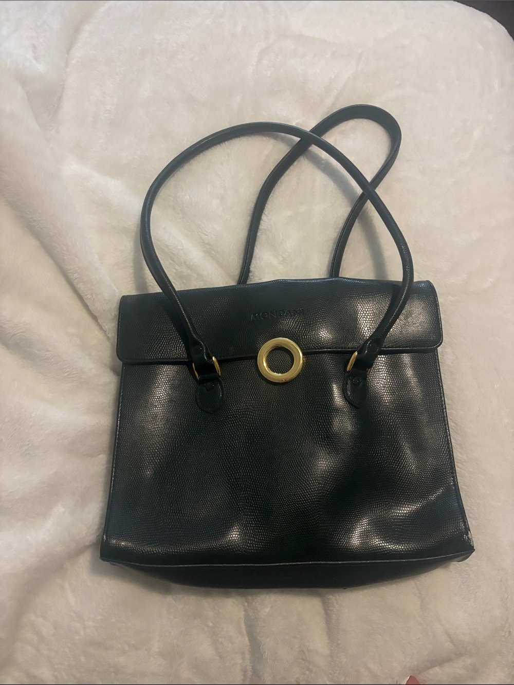 Dark green Mondani Leather Shoulder Bag with Gold Ring Accent